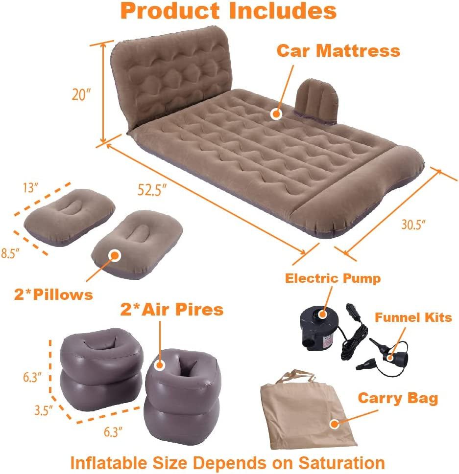 Car Air Mattress, Inflatable Car Mattress for Back Seat, Car Bed with Air Pump, Home Sleeping Pad (Light Brown)