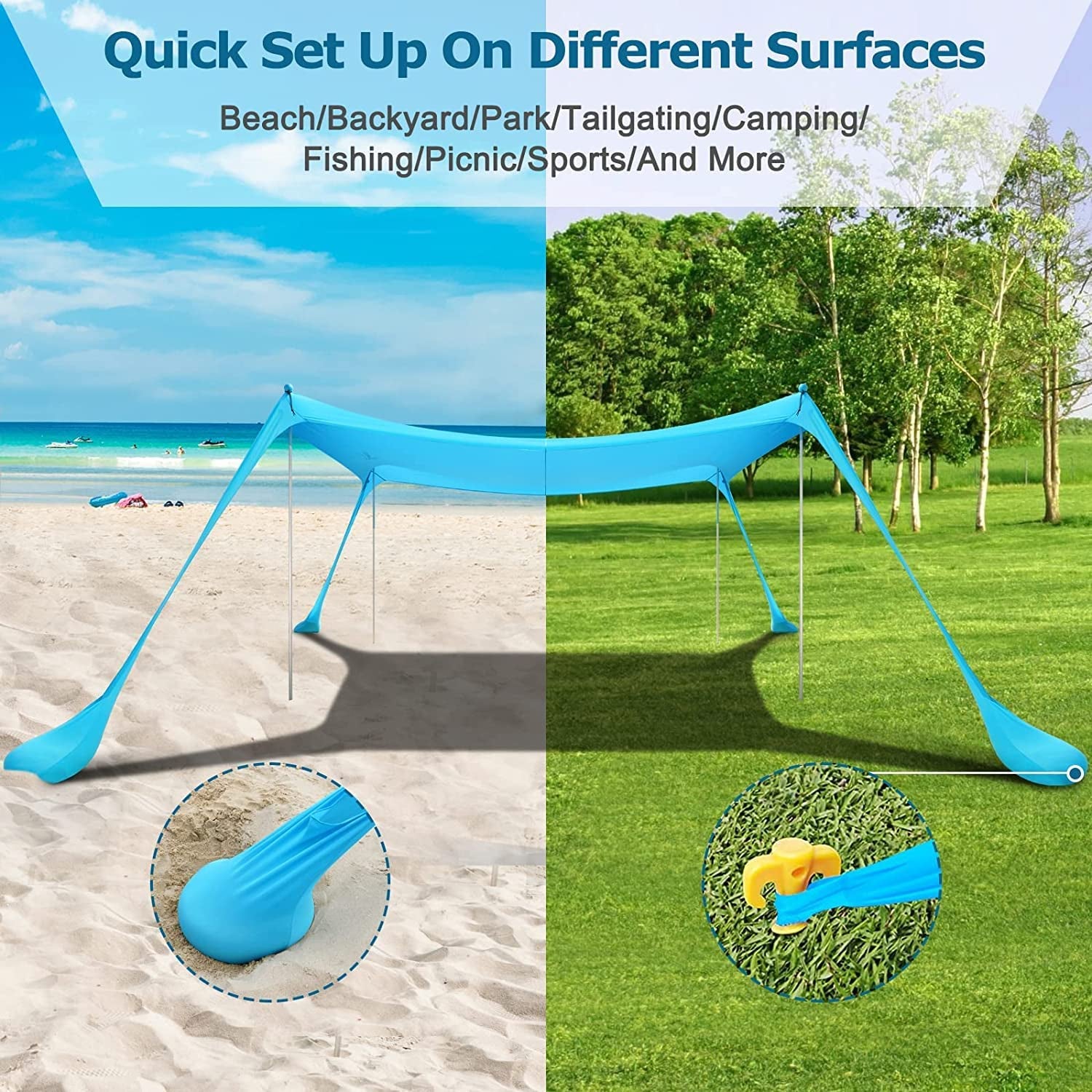 Beach Tent, Camping Sun Shelter with UPF50+ Protection, Sand Shovels, Ground Pegs and 4 Stability Poles, Outdoor Pop up Beach Shade Canopy for Fishing, Backyard or Picnics